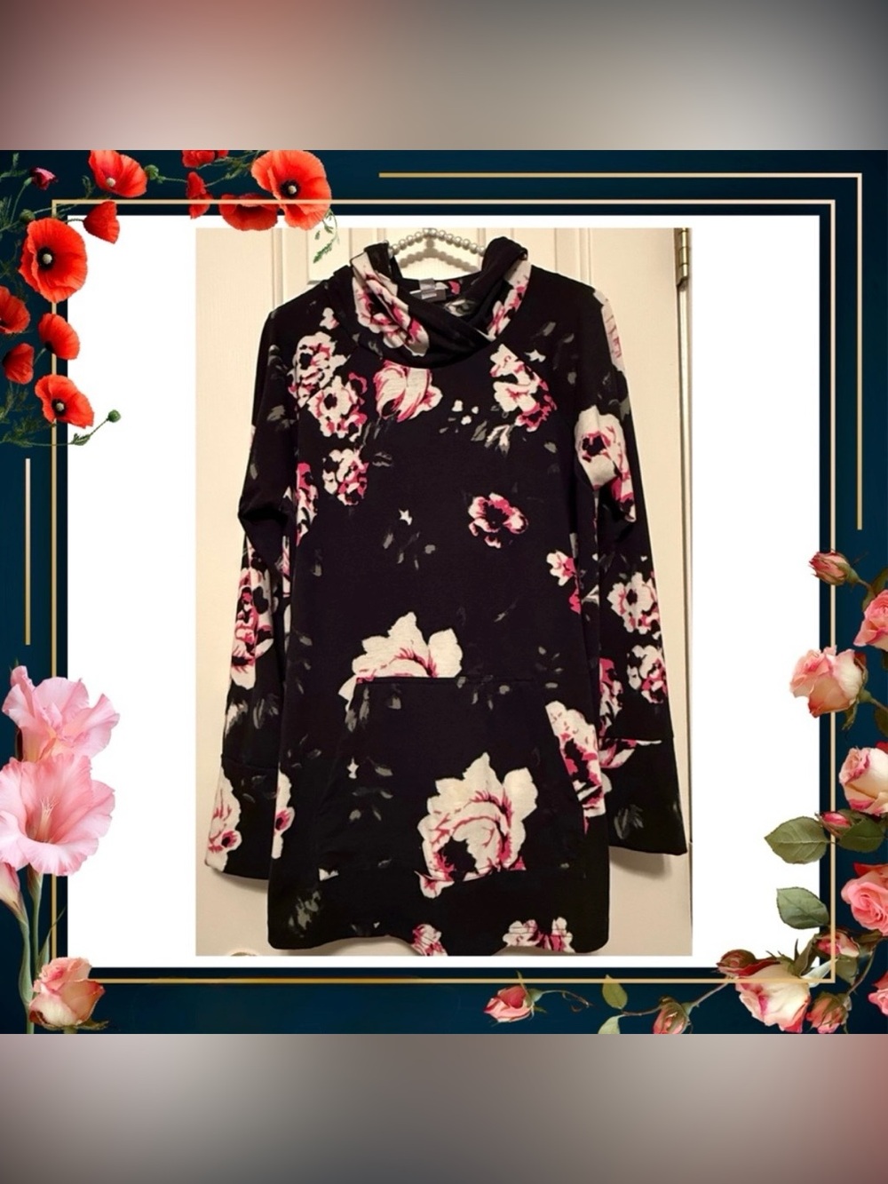 Hoodie - Lularoe Amber hoodie - black pink white floral lightweight Large